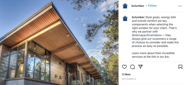 An Instagram post from Brand Vaughan Lumber featuring a modern home with windows from Sierra Pacific Windows.