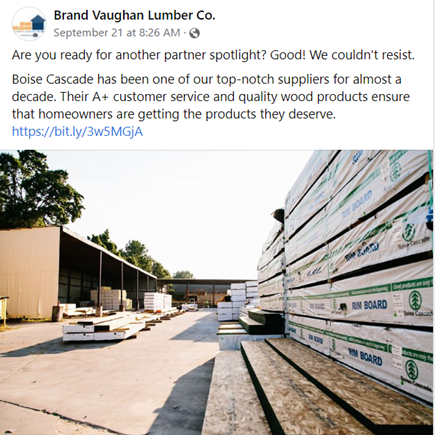 A Facebook post from Brand Vaughan Lumber with a photo of Boise Cascade wood on pallets. 